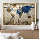 World Map Canvas Print – Vintage Blue and Gold World Map