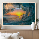 Ocean Wave Sunset Wall Art | Large Coastal Wave Canvas Print