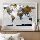 Modern Abstract World Map Canvas Wall Art – Framed Blue and
