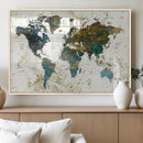 Vintage World Map Wall Art Canvas Print, Framed Rustic Earth