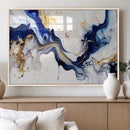 Golden Cascades on Midnight Blue – Deep Blue Abstract Wall