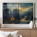 Mountain Cabin by the Lake at Sunset Wall Art - Serene