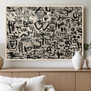 Abstract Love and Chaos Canvas Print, Black Symbols on Beige