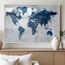 Modern Blue World Map Canvas Print – Framed Wall Art,