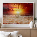 Red Sunset Ocean Beach Canvas Wall Art Beach Canvas, Coastal