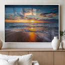 Sunset on the Ocean Beach with Waves, Reflections on Sand,