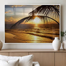 Golden Tropical Beach Sunset Canvas Triptych, Coastal Palm