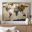 World Map Wall Art – Antique Style Blue and Brown Map Canvas