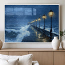 Stormy Ocean Pier Lights Canvas Wall Art Print - Large Moody