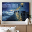 Storm Ocean Pier Canvas Wall Art Print - Large Moody Night