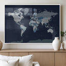 Blue Detailed World Map Wall Art Canvas Print, Modern Framed