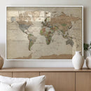 Vintage World Map Canvas Wall Art - Rustic Grunge Texture