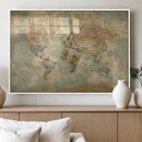 World Map Wall Art Canvas Print, Rustic Map Print, Framed