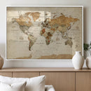 Vintage World Map Canvas Print – Framed Rustic Detailed Map