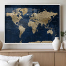 Navy Blue World Map Canvas Print – Detailed Map Minimal Navy