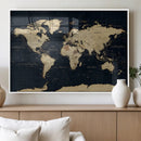 Dark World Map Canvas Wall Art Print, Minimal Black and Gold