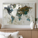 Vintage World Map Wall Art Canvas Print, Framed Rustic Earth