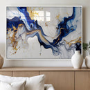 Golden Cascades on Midnight Blue – Deep Blue Abstract Wall