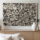 Abstract Love and Chaos Canvas Print, Black Symbols on Beige