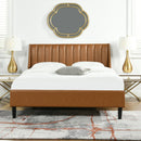Aspen Vertical Tufted Modern Headboard Platform Bed Set, Queen, Caramel Tan Brown Faux Leather