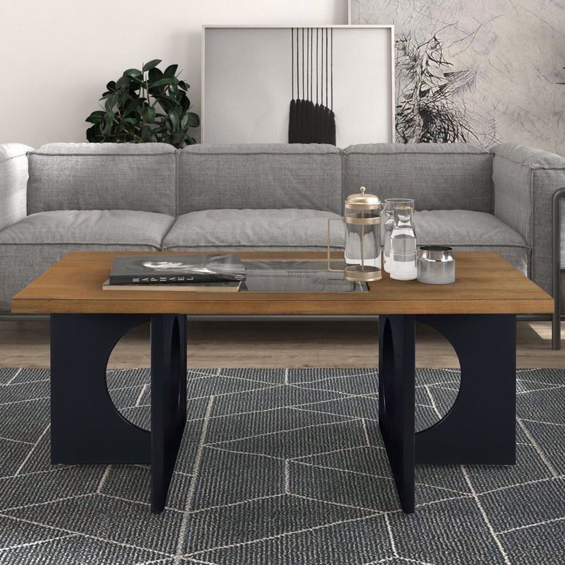 47" Contemporary Wood Rectangular Coffee Table with Clear Tempered Glass Top, Black and Light Espresso Top