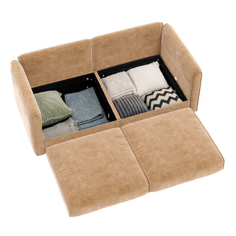 Stylish Camel Chenille 2-Seater Sofa with Storage Seat and Cylindrical Backrest