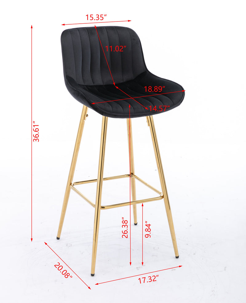 26 Inch Set of 2 Bar Stools, with Chrome Footrest Velvet Fabric Counter Stool Golden Leg Simple Bar Stool, BLACK