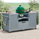 K&K 66.5' Outdoor Kitchen Island for Big Green Egg Grills, Solid Wood Outdoor Grill Cart for Tabletop Grill with Stainless Steel Top, Drawer, Compatible with Large Big Green Egg, Kamado Joe- Grey Blue by Montret