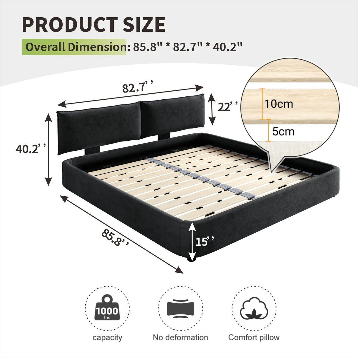 Cloud Bed Frame With Oversized Padded Movable Headboard, photo 5 of 12