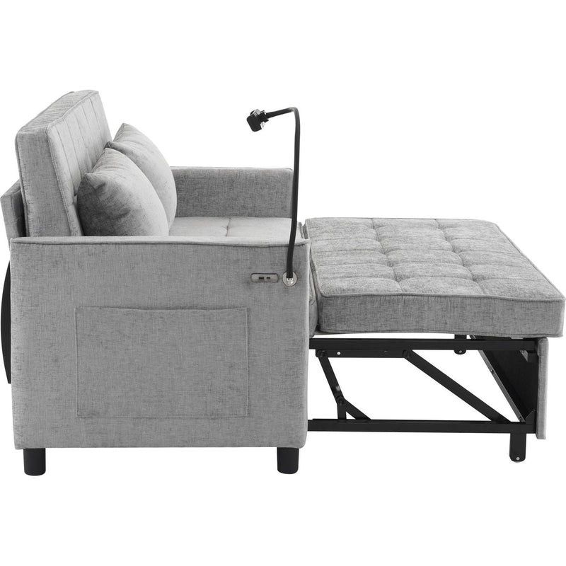 56.9' Loveseat Sofa Pull-out Sofa Bed Sleeper Sofa with a Reversible Backrest Cushion, Side Pockets, Two USB Ports and a Phone Holder for Living Room, Grey