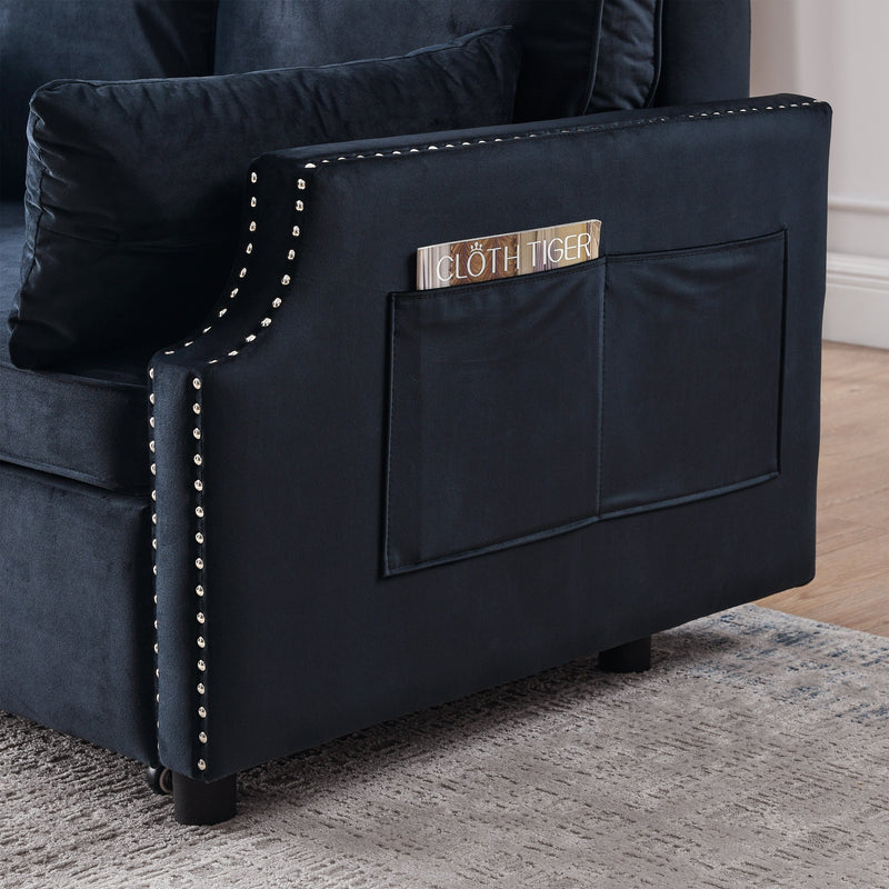 50" Velvet Upholstered Sleeper Sofa bed with Side Storage Pockets, Nailhead Design, 2-Seater Sofa with 2 Pillows and removeable Backrest Pull-out Sofa Bed for Small Spaces in Living Rooms