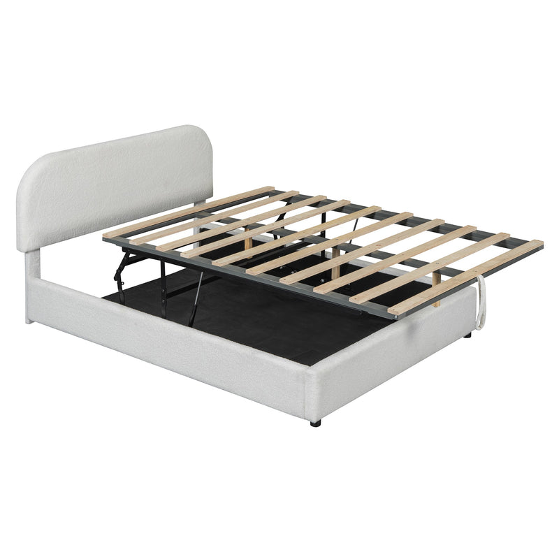 Walker Edison - Teddy Fleece Full  Size Upholstered Platform Bed with Hydraulic Storage System, White