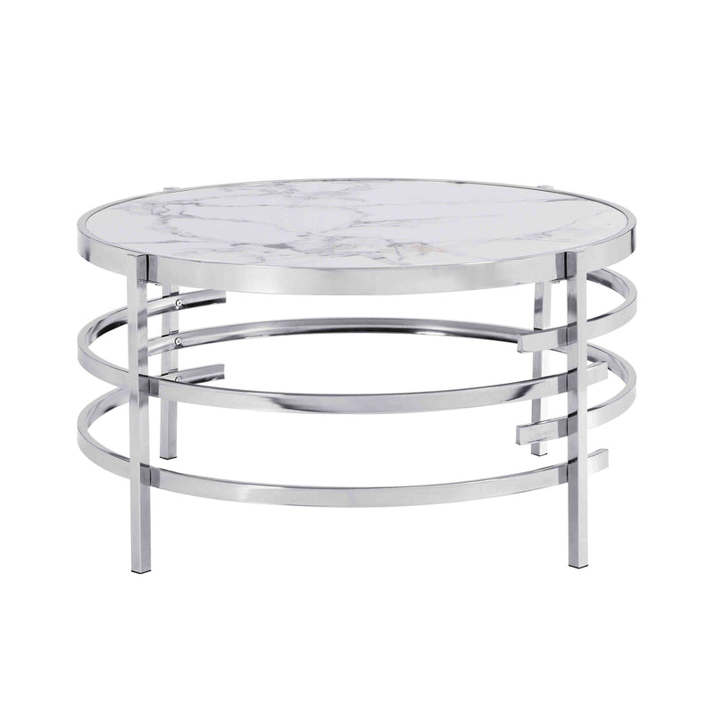 32.48" Chrome Round Coffee Table With Sintered Stone Top&Sturdy Metal Frame, Modern Coffee Table for Living Room, Silver