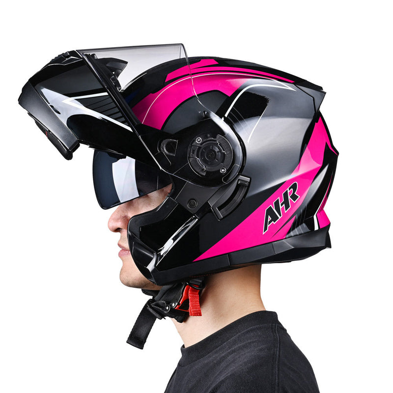 AHR RUN-M3 Modular Helmet Flip Up DOT 2-Visors Black Pink