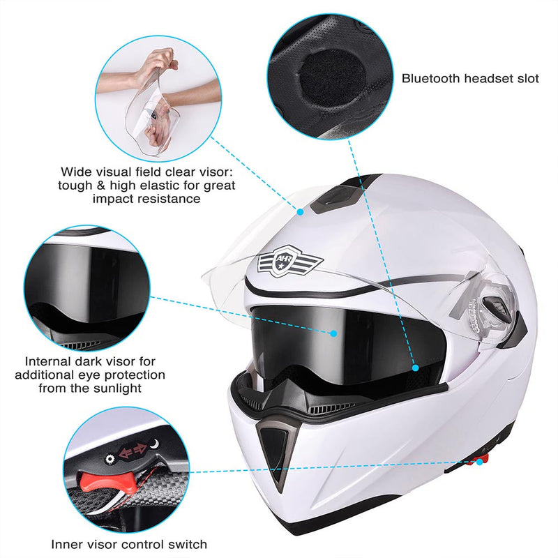 AHR Modular Helmet Flip Up Full Face Dual Visors DOT White