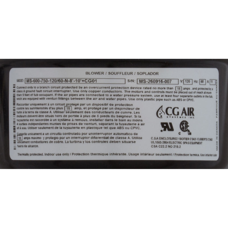 Air Blower, Millenium [120v] 750w Mtr 600W Htr (MS-600-750-120/60-N-8'-10'+CG01)