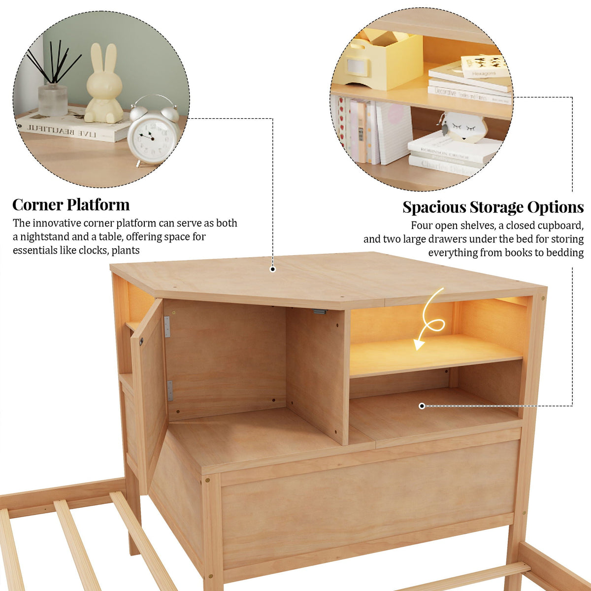 L-Shaped Bed Frame With Trundle, Built In Desk & LED Lighting, photo 10 of 31