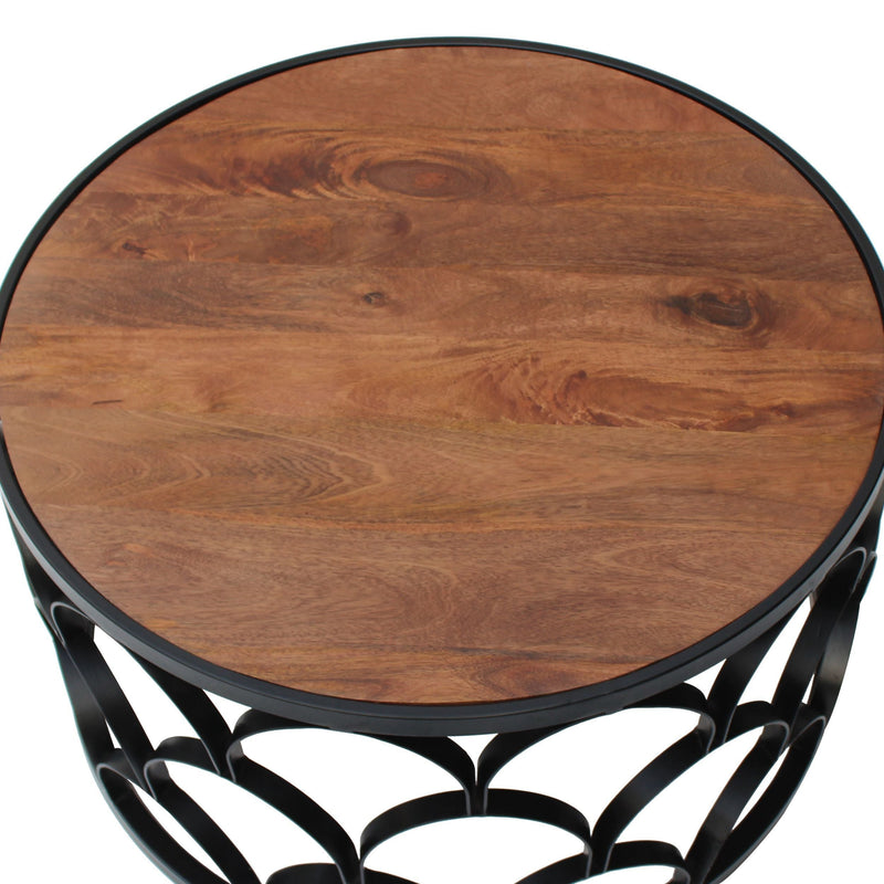 32 Inch Round Coffee Table, Mango Wood Top, Lattice Cut Out Metal Frame, Brown, Black