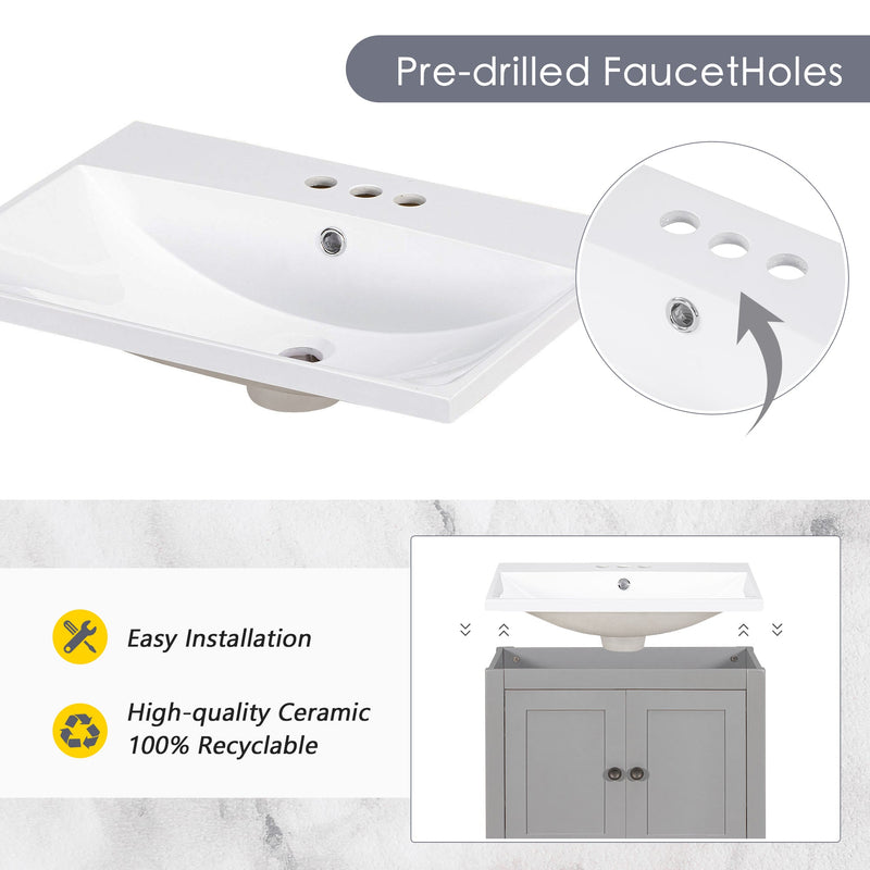 24" Grey Modern Sleek Bathroom Vanity Elegant Ceramic Sink with Solid Wood Frame Open Style Shelf