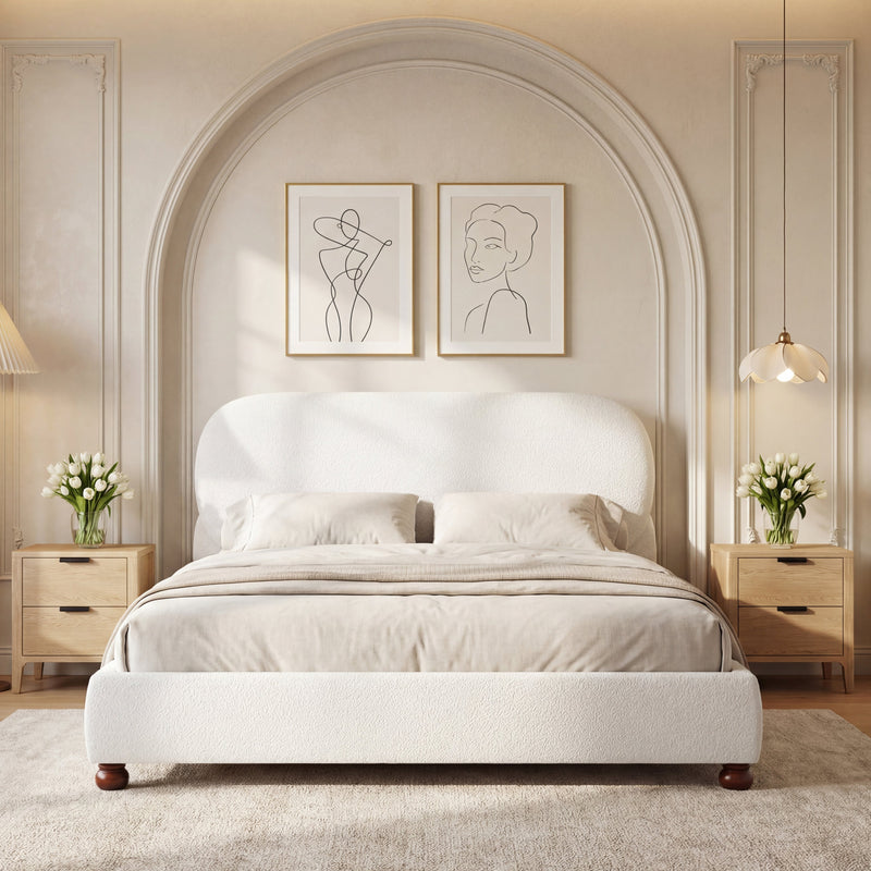 Cream-Colored Boucle Upholstered Bed with Rubber Wood Foot, King, photo 2 of 10