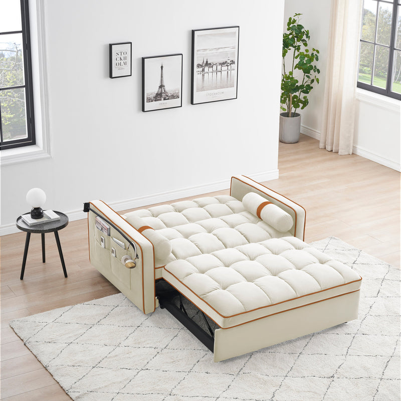 Sleeper Sofa Couch w/Pull Out Bed, 55" Modern Velvet Convertible Sleeper Sofa Bed, Small Love seat Sofa Bed w/Pillows & Side Pockets for Small Space, Living Room, Apartment,Beige