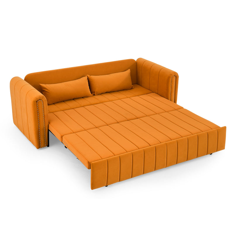 3 in 1 Pull-Out Bed Sleeper, Modern Upholstered 3 Seats Lounge Sofa & Couches with Rolled Arms Decorated with Copper Nails, Convertible Futon 3 Seats Sofabed with Two Drawers and Two Pillows