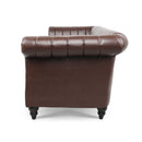83.46" Brown PU Rolled Arm Chesterfield Three Seater Sofa.