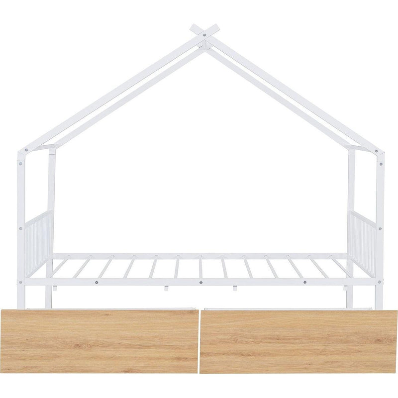 Twin Size Metal House Bed with Two Drawers, White