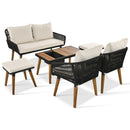 6-Piece Rope Patio Furniture Set, Outdoor Furniture with Acacia Wood Cool Bar Table with Ice Bucket, Deep Seat Patio Conversation Set with Two Stools for Backyard Porch Balcony (Black & Beige)