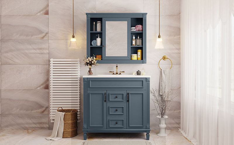 36" Bathroom Vanity with Top Sink, Royal Blue Mirror Cabinet, Modern Bathroom Storage Cabinet with 2 Soft Closing Doors and 2 Drawers, Single Sink Bathroom Vanity