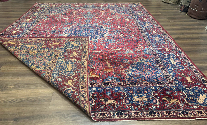 Antique Indo Persian Kerman Rug 9x12 Red Manchester Wool Animal Pictorials, Fine 290 KPSI