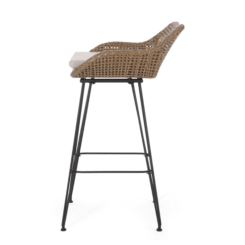 Walker Edison | Outdoor 29.25'' Wicker and Iron Barstool with Cushion (Set of 2)