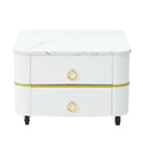 2-in-1 Square Nesting Coffee Table with Wheels & Drawers, Stackable Side Table with High Gloss Marble Grain Top, End Table Set with Brown Tempered Glass for Living Room, White