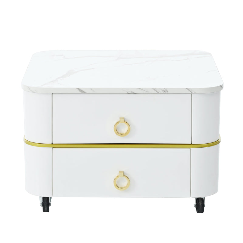 2-in-1 Square Nesting Coffee Table with Wheels & Drawers, Stackable Side Table with High Gloss Marble Grain Top, End Table Set with Brown Tempered Glass for Living Room, White